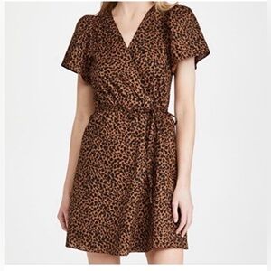 Madewell Leopard Print Wrap Dress Size L 100% Cotton Flutter Sleeve Mini Brown